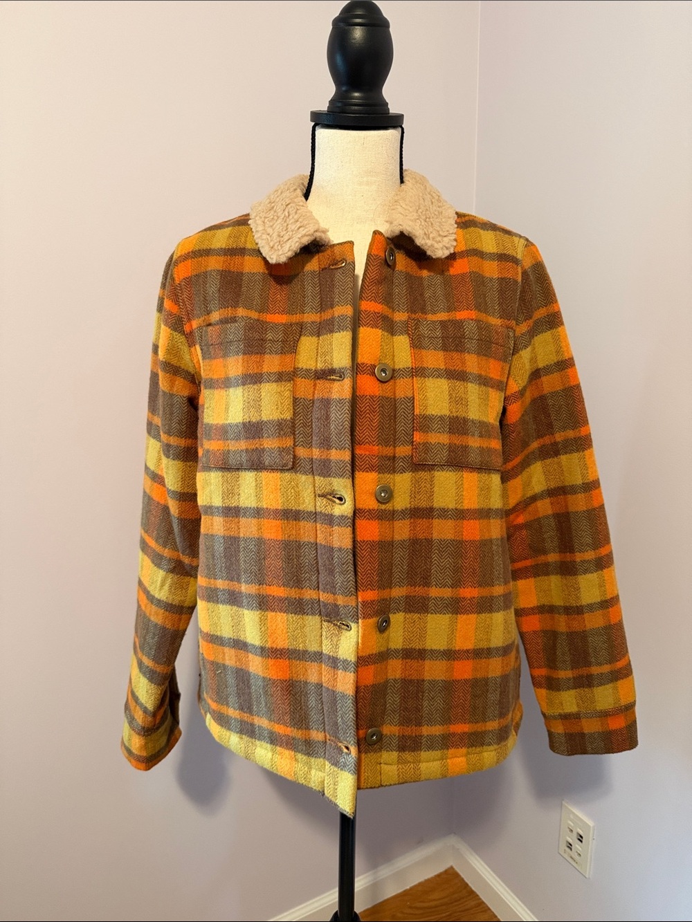 Toad&Co Plaid Shirt Jacket with sherpa lining in Yellow and Brown